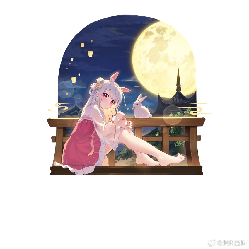 1girl, animal, animal_ear_fluff, animal_ears, architecture, bare_legs, barefoot, blush, braid, changchun_(warship_girls_r), chinese_clothes, closed_mouth, cloud, dorsiflexion, double_bun, dress, east_asian_architecture, feet, full_body, full_moon, hair_between_eyes, hair_bun, hair_ornament, hanfu, highres, jianr_baike, knees_up, lantern, legs, long_hair, long_sleeves, looking_at_viewer, moon, night, official_alternate_costume, paper_lantern, qixiong_ruqun, rabbit, rabbit_ears, red_eyes, ruqun, scraped_knee, see-through_clothes, shuangyaji, sitting, sky, sky_lantern, smile, solo, toenails, toes, warship_girls_r, white_hair