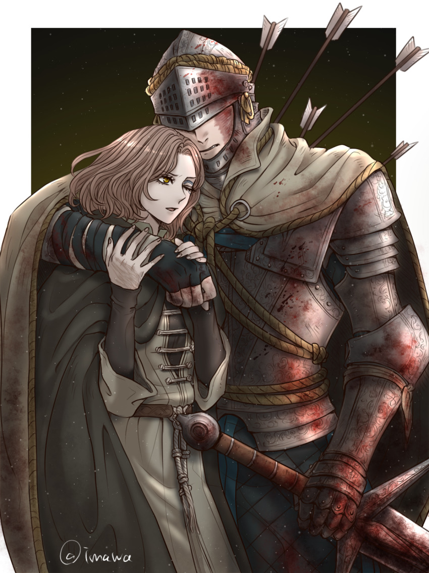 1boy, 1girl, arm_around_shoulder, armor, arrow_(projectile), artist_name, black_cloak, blood