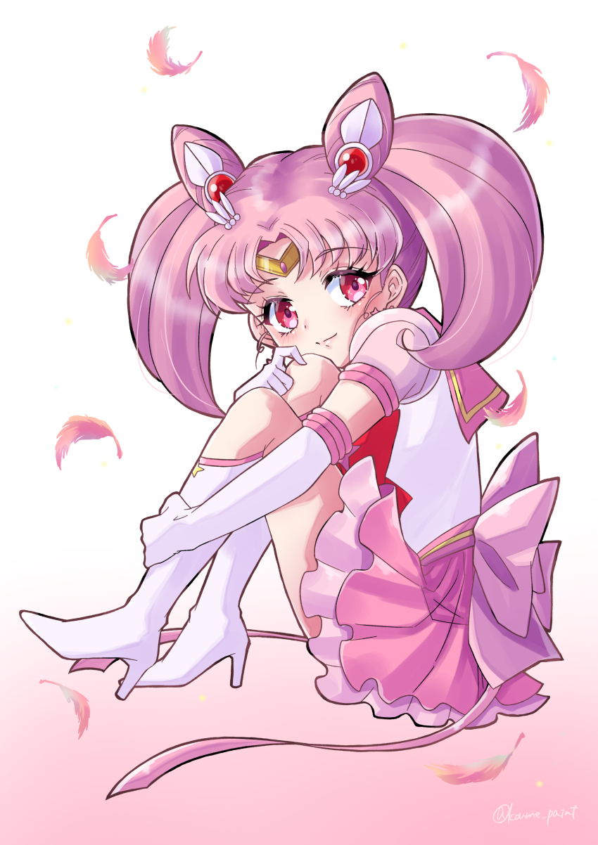 1girl, absurdres, bishoujo_senshi_sailor_moon, blush, boots, bow, chibi_usa, earrings, elbow_gloves, feathers, gloves, hand_on_own_leg, highres, jewelry, koume_paint, leotard, long_hair, pink_feathers, pink_sailor_collar, pink_skirt, red_bow, red_eyes, sailor_chibi_moon, sailor_collar, skirt, smile, solo, star_(symbol), star_earrings, super_sailor_chibi_moon_(stars), thigh_boots, twintails, white_background, white_boots, white_gloves, white_leotard