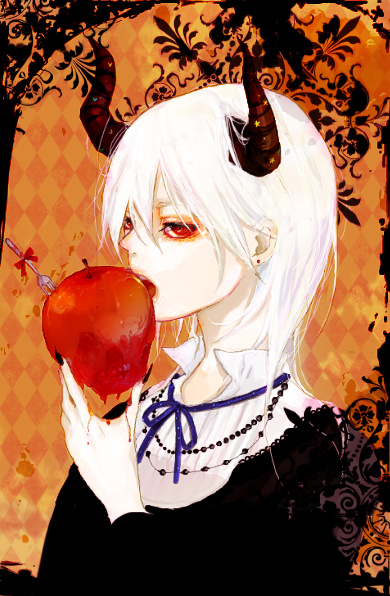 1girl, apple, blood, bow, earrings, female_focus, food, fork
