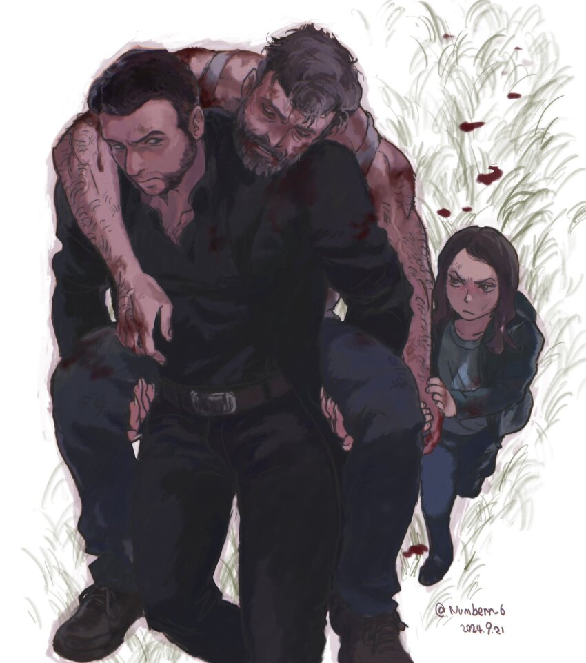 1girl, 2024, 2boys, arm_hair, beard, belt, black_pants, black_shirt