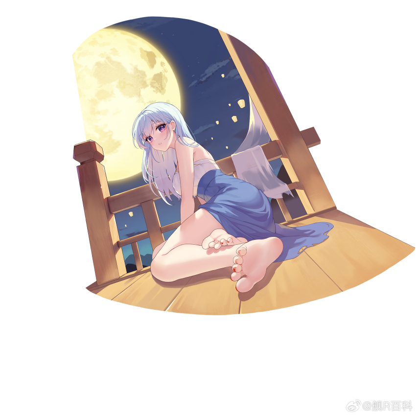 1girl, anshan_(warship_girls_r), bare_arms, bare_legs, bare_shoulders, barefoot, blue_dress, dress, earrings, feet, foot_focus, foreshortening, full_moon, highres, jewelry, jianr_baike, legs, long_hair, looking_at_viewer, moon, nail_polish, night, purple_eyes, red_nails, sitting, sky, smile, soles, solo, toenail_polish, toenails, toes, warship_girls_r, white_hair