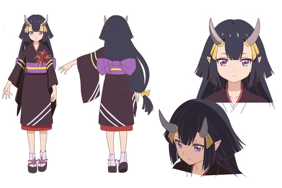1girl, black_hair, demon_horns, flower, grimms_notes, grimms_notes_the_animation, high_heel_sandals, high_heels