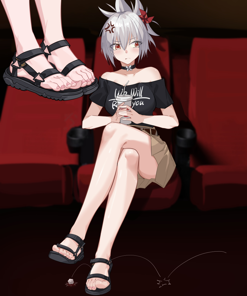 1girl, absurdres, anger_vein, ayakashi_triangle, bare_legs, belt, black_choker, black_footwear, black_shirt, blurry, blurry_background, blush, breasts, brown_belt, brown_skirt, choker, collarbone, commission, crossed_legs, cup, disposable_cup, drinking_straw, feet, foot_focus, footwear_focus, full_body, grey_hair, hair_ornament, highres, holding, kazamaki_matsuri, kazamaki_matsuri_(female), large_breasts, legs, looking_to_the_side, miniskirt, motion_lines, multiple_views, nail_polish, nanase_young, off-shoulder_shirt, off_shoulder, pink_nails, pixiv_commission, sandals, shadow, shirt, short_sleeves, sitting, skirt, theater_seating, toenail_polish, toenails, toes