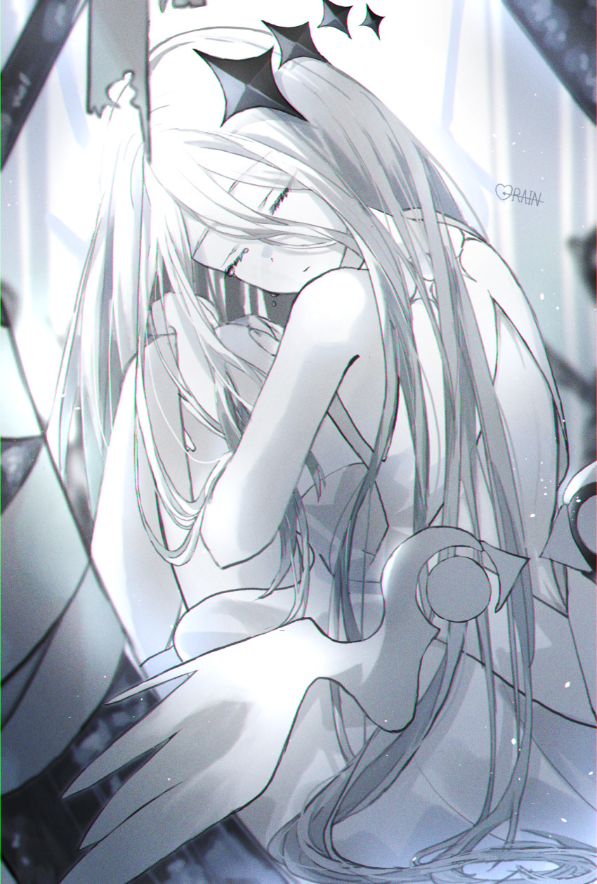 1girl, bare_shoulders, closed_eyes, closed_mouth, crying, dress, hair_between_eyes, hair_spread_out, halo, highres, knees_up, long_hair, monochrome, project_sekai, segirirein, sitting, sleeveless, solo, very_long_hair, white_dress, white_hair, wings