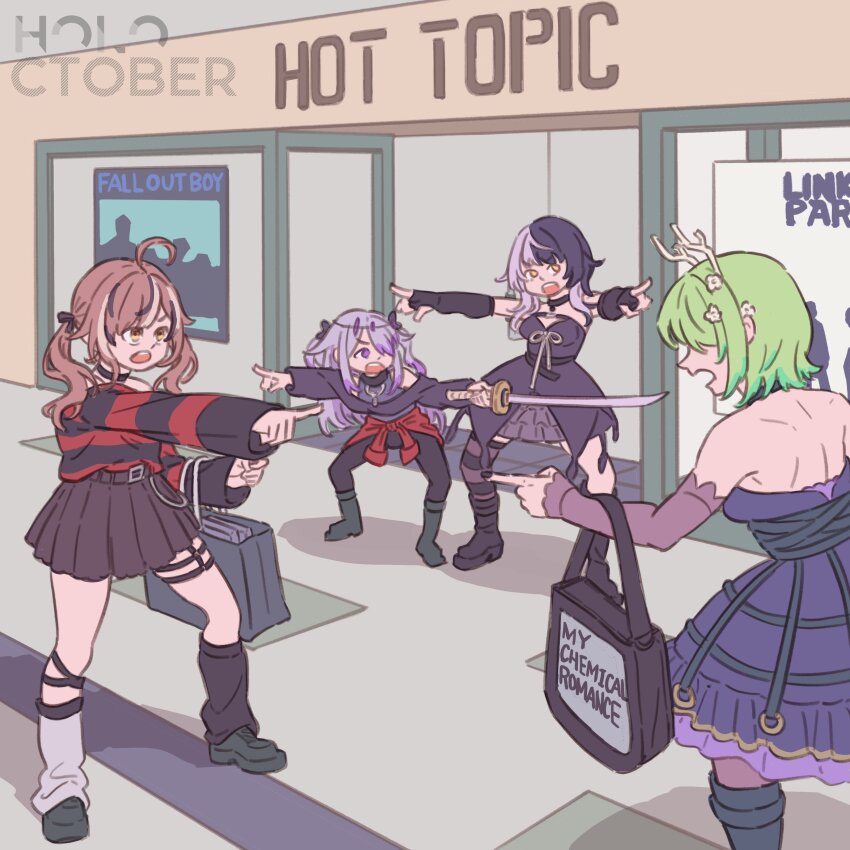 4girls, absurdres, ahoge, antlers, bag, black_choker, black_hair, black_sweater, brown_eyes, brown_hair, ceres_fauna, ceres_fauna_(goth), choker, clothes_around_waist, dress, emo_fashion, flower, goth_fashion, green_hair, grey_hair, hair_flower, hair_ornament, hair_over_one_eye, highres, hololive, hololive_english, horns, hot_topic, katana, koseki_bijou, lessulie, long_hair, meme, multicolored_hair, multiple_girls, my_chemical_romance, nanashi_mumei, nanashi_mumei_(emo), official_alternate_costume, pointing_spider-man_(meme), red_sweater, shiori_novella, shiori_novella_(1st_costume), shopping_bag, skirt, split-color_hair, streaked_hair, striped_clothes, striped_sweater, sweater, sweater_around_waist, sword, two-tone_hair, virtual_youtuber, weapon, white_hair, yellow_eyes