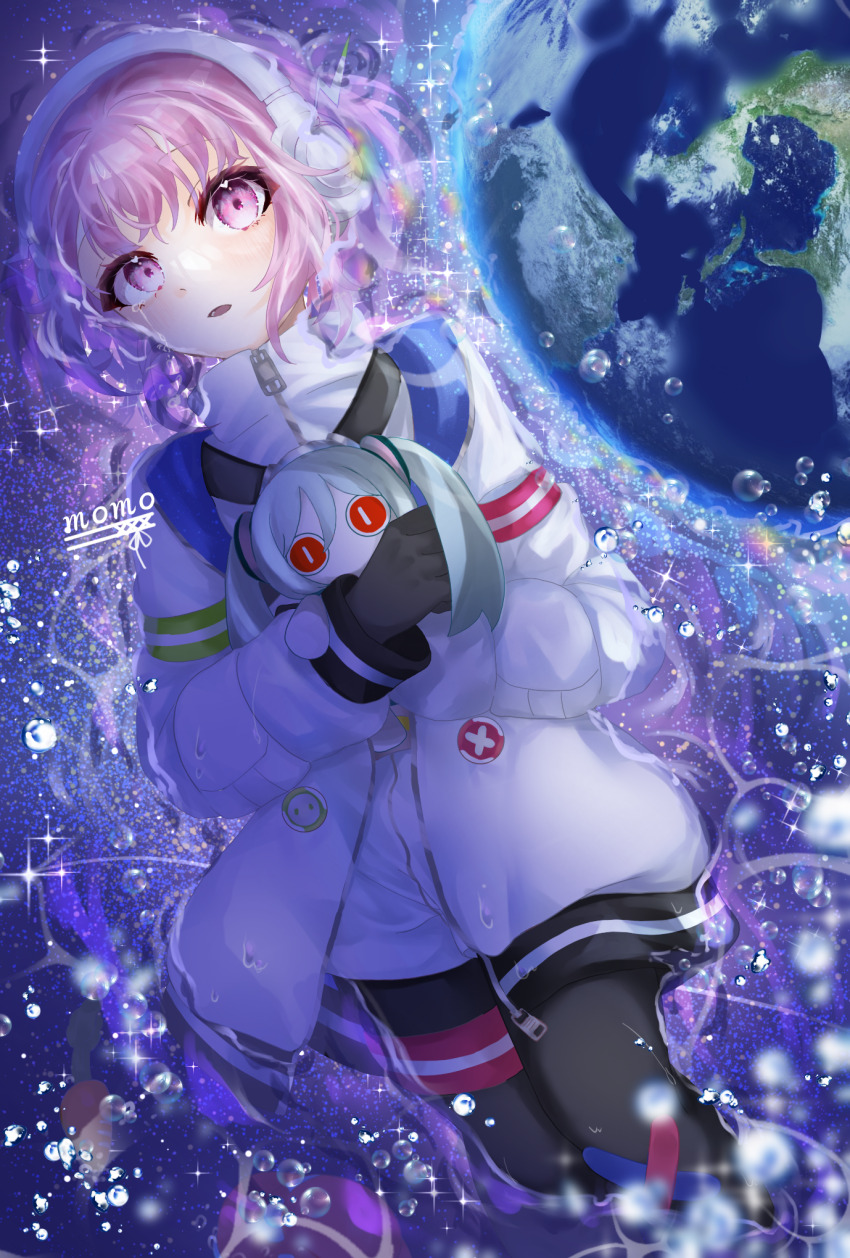 1girl, black_gloves, black_pantyhose, character_doll, commentary, doll, earth_(planet), floating