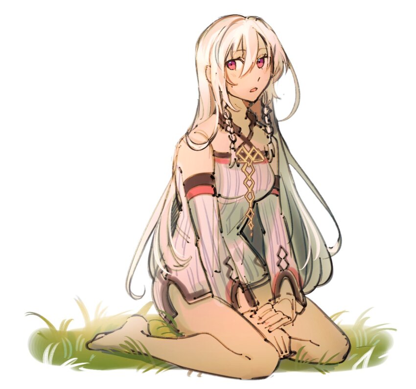 1girl, barefoot, commentary, creha_rem_ordin, dress, eiyuu_densetsu, english_commentary, grass