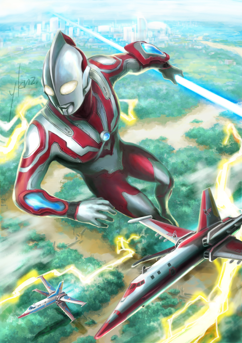 1boy, aircraft, airplane, charging_forward, city, cloud, cloudy_sky, color_timer, colored_skin, commentary_request, electricity, energy_spear, floating, forest, highres, looking_ahead, male_focus, metal_skin, multicolored_skin, nature, no_pupils, red_skin, signature, silver_skin, sky, snowslide, tokusatsu, ultra_series, ultraman_ribut, upin_&amp;_ipin, vambraces, yellow_eyes