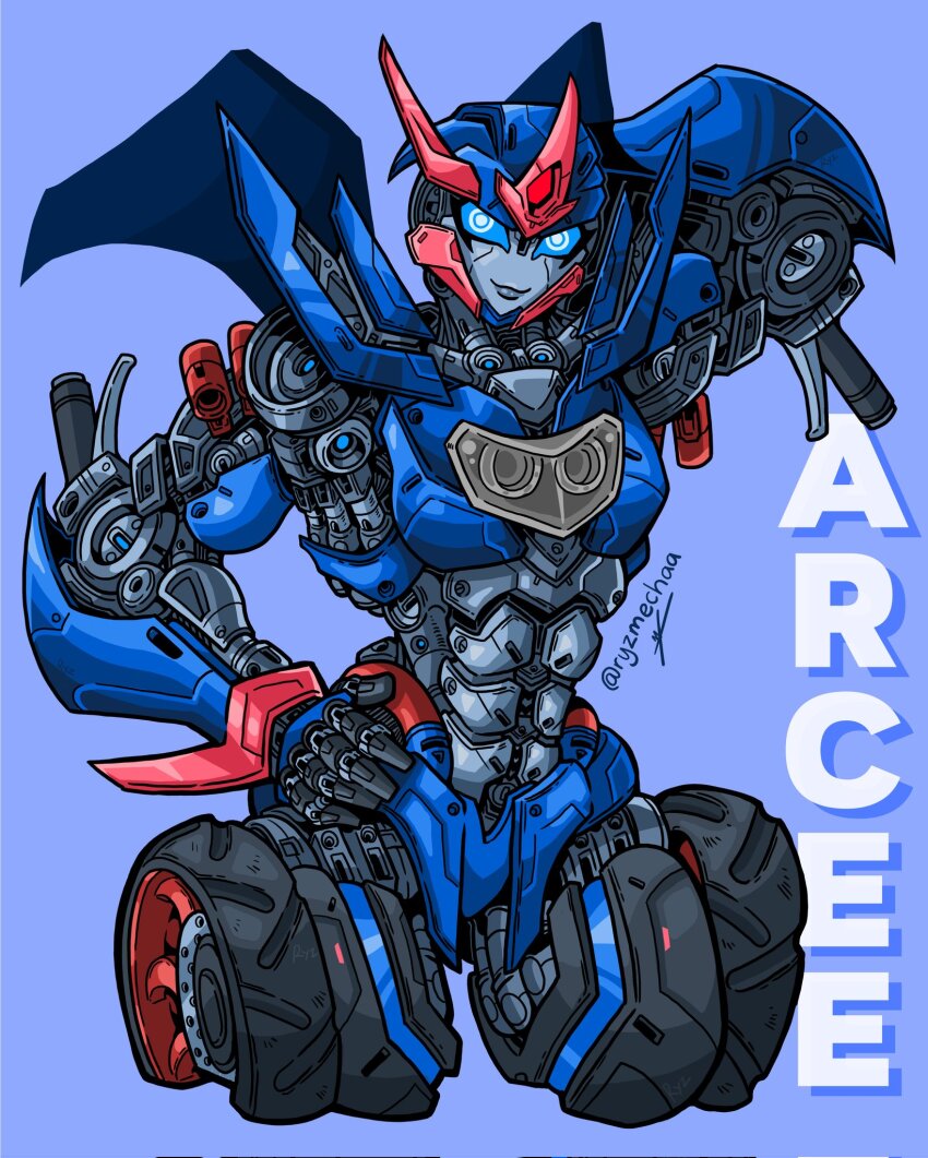 1girl, arcee, arcee_(prime), autobot, blue_background, blue_eyes, hand_on_own_hip, helmet, highres, humanoid_robot, metal_skin, robot, robot_girl, ryzmechaa, science_fiction, solo, thighs, transformers, transformers:_prime, wheel