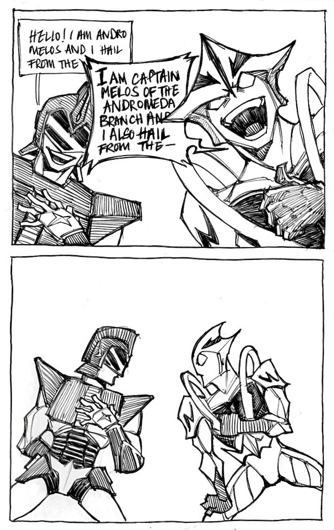 2boys, andro_melos, andro_melos_(series), armor, comic, commentary, english_commentary, english_text