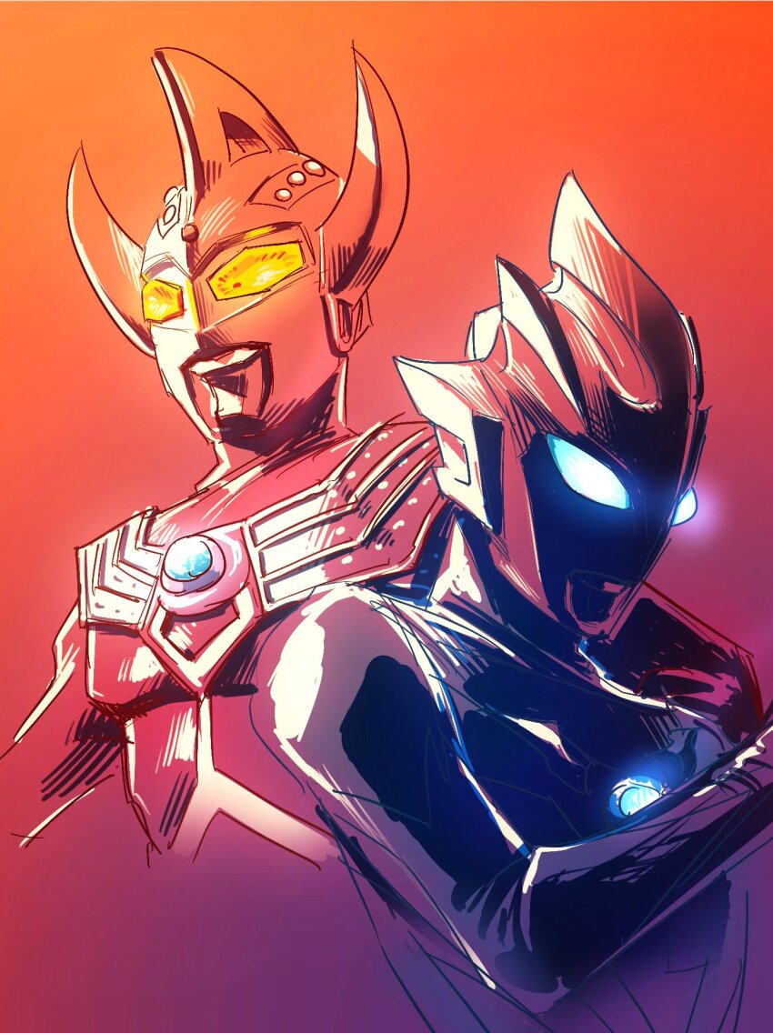 2boys, blue_background, blue_skin, color_timer, colored_skin, commentary_request, forehead_jewel, glowing