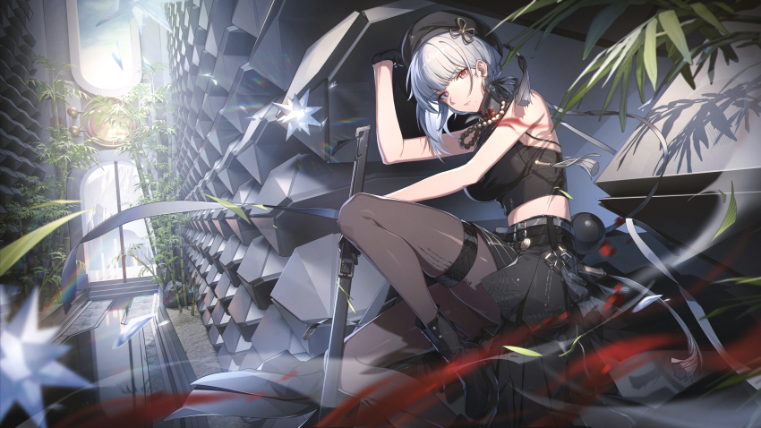 1girl, bamboo, bare_shoulders, bead_necklace, beads, belt, beret, black_boots