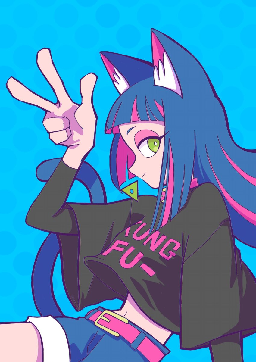 1girl, 2023, animal_ears, belt, blue_background, blue_hair, cat_ears, cat_girl
