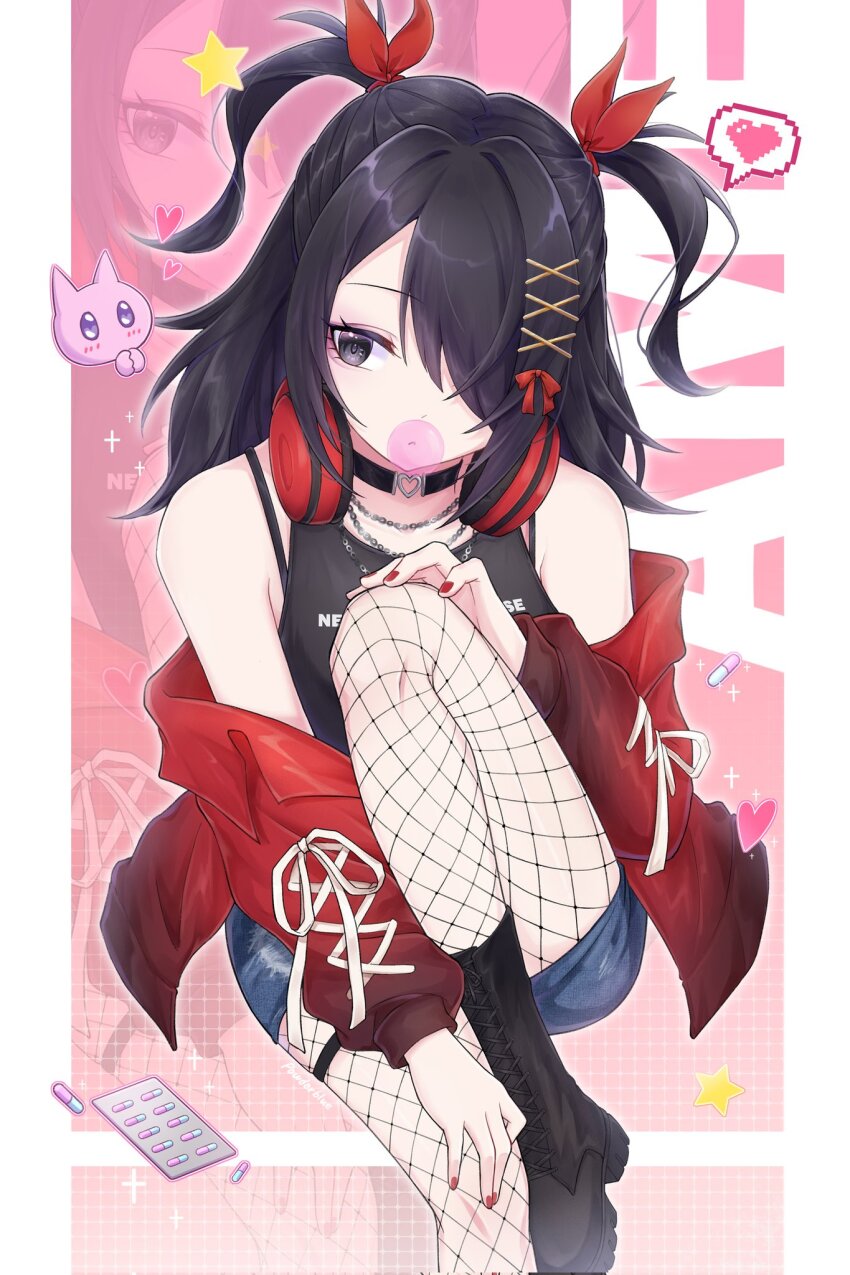 1girl, alternate_costume, alternate_hairstyle, ame-chan_(needy_girl_overdose), ame-chan_(nidiga_tozai)_(needy_girl_overdose), black_eyes, black_footwear, black_hair, character_name, chewing_gum, choker, denim, denim_shorts, fishnet_pantyhose, fishnets, hair_ornament, hair_over_one_eye, hand_on_own_thigh, heart, heart_o-ring, heart_ring_choker, highres, jacket, medicine, needy_girl_overdose, o-ring, o-ring_choker, pantyhose, powderblue_lan, red_jacket, red_nails, shorts, tagme, x_hair_ornament