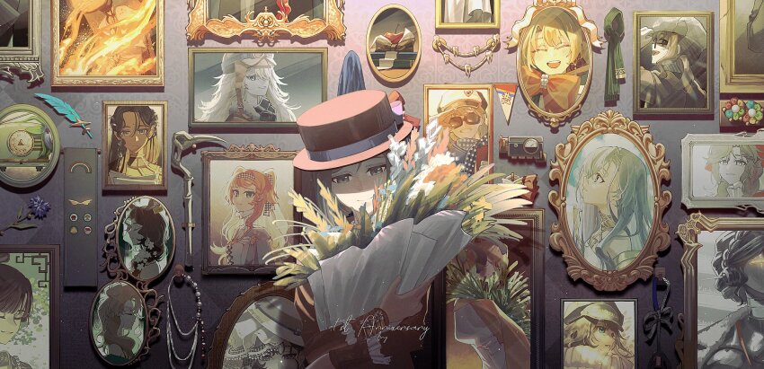 1girl, 37_(reverse:1999), anniversary, apple_(reverse:1999), black_coat, black_hat, blonney, blue_feathers