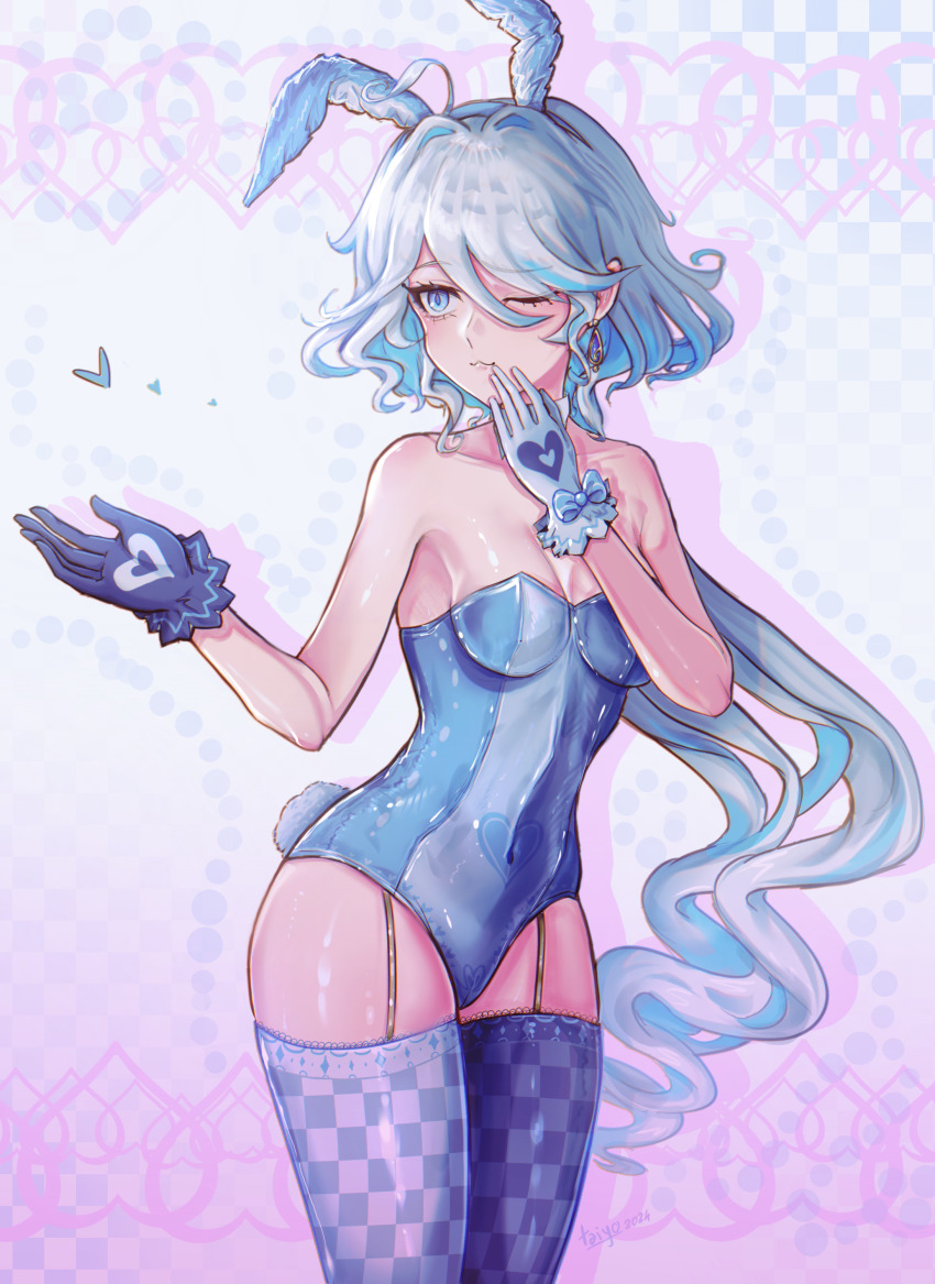 1girl, :3, absurdres, ahoge, animal_ears, artist_name, asymmetrical_gloves, blue_eyes, blue_gloves, blue_hair, blue_leotard, checkered_thighhighs, dated, drop-shaped_pupils, earrings, fake_animal_ears, fake_tail, furina_(genshin_impact), genshin_impact, gloves, hair_between_eyes, heart, highres, i_(taiyo_1710), jewelry, leotard, light_blue_hair, long_hair, mismatched_gloves, multicolored_hair, one_eye_closed, playboy_bunny, rabbit_ears, rabbit_tail, solo, streaked_hair, symbol-shaped_pupils, tail, thighhighs, white_gloves
