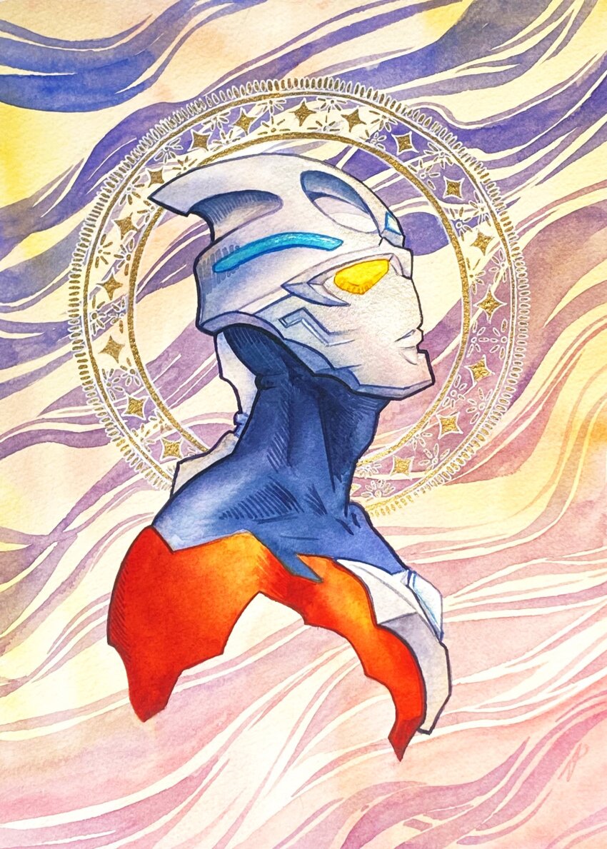 1boy, black_skin, blue_background, color_timer, colored_skin, commentary, cropped_torso, english_commentary