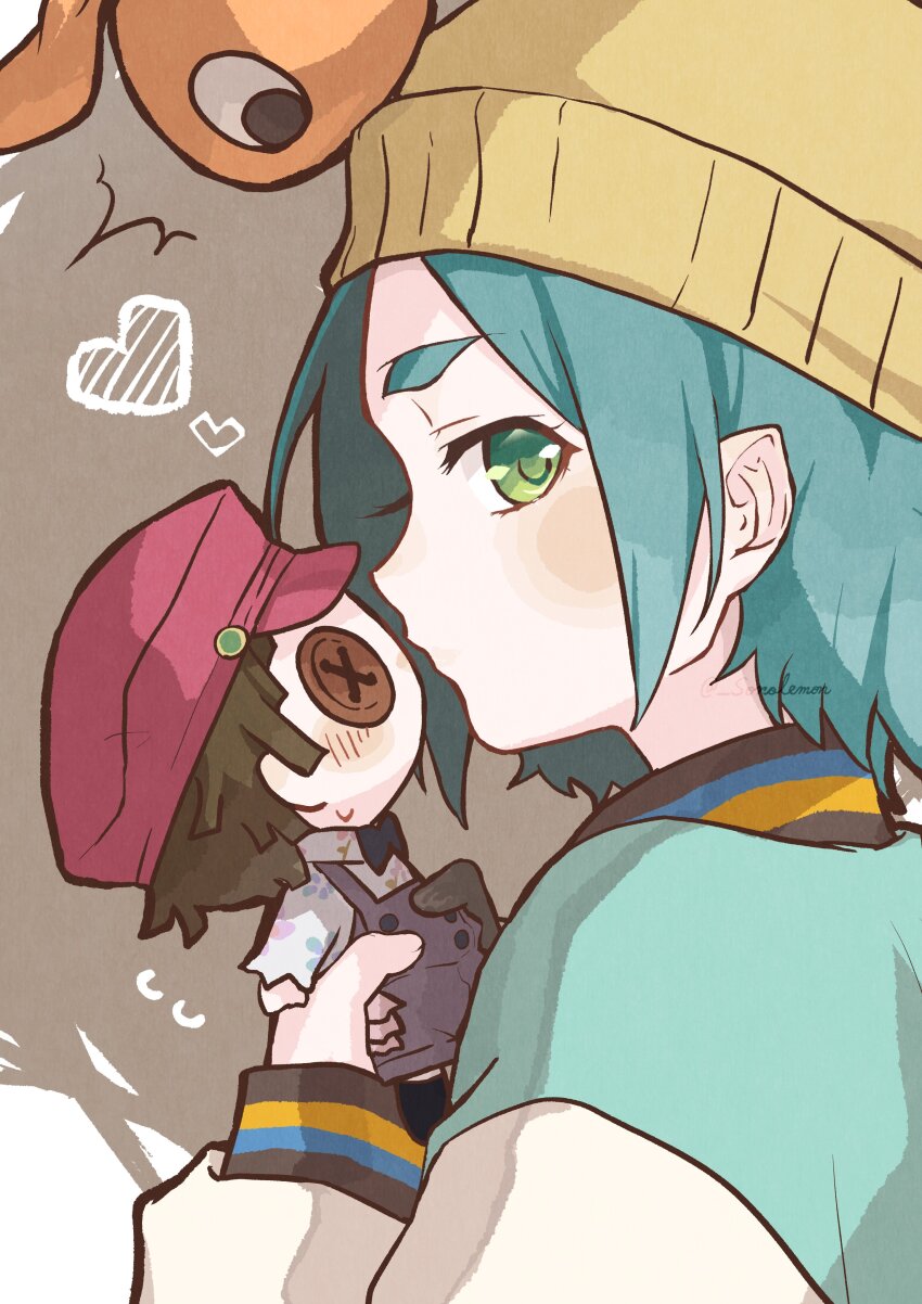 1girl, ^^^, absurdres, aqua_hair, aqua_jacket, artist_name, black_socks, blush