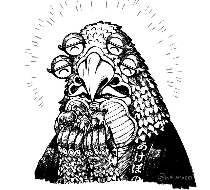 1boy, alien, beak, blinking_inside_eyes, commentary_request, croco_seijin, facial_hair, fangs, feathers, greyscale, happy, hatching, highres, holding, holding_mushroom, japanese_clothes, male_focus, monochrome, mushroom, mustache, notice_lines, portrait, robe, simple_background, solo, translation_request, twitter_username, ultra_series, ultraman_arc_(series), ushimaki_moco_(artist)