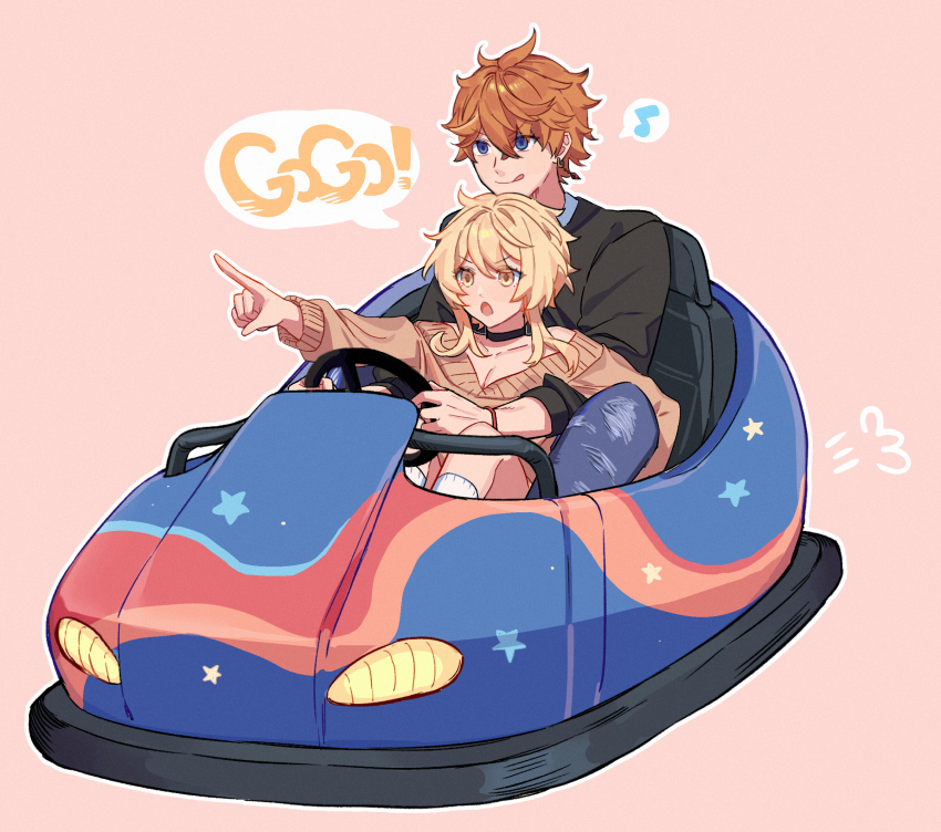 1boy, 1girl, :q, alternate_costume, black_choker, black_shirt, blonde_hair, blue_eyes