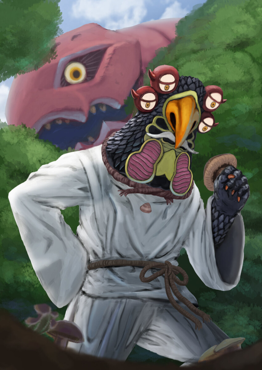 1boy, alien, beak, belt, black_feathers, brown_belt, claws, colored_skin, commentary_request, croco_seijin, day, extra_eyes, facial_hair, feathers, forest, highres, holding, holding_mushroom, kaiju, male_focus, mushroom, mustache, nature, orange_eyes, outdoors, pants, red_skin, rope, rope_belt, shagong, sharp_teeth, shirt, teeth, tokusatsu, tree, ultra_series, ultraman_arc_(series), white_pants, white_shirt, wrinkled_fabric, yamakazema