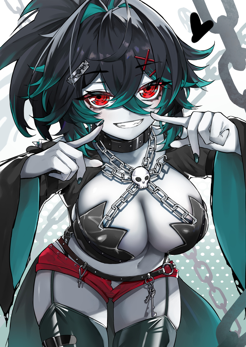 1girl, absurdres, aqua_hair, aqua_nails, aqua_sleeves, black_collar, black_hair, black_sleeves