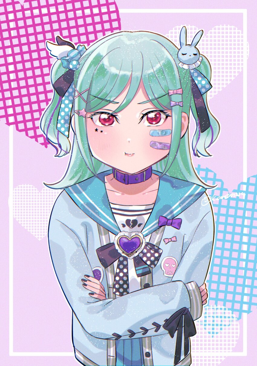 1girl, :t, alternate_color, bandaid, bandaid_on_cheek, bandaid_on_face, black_nails, black_ribbon