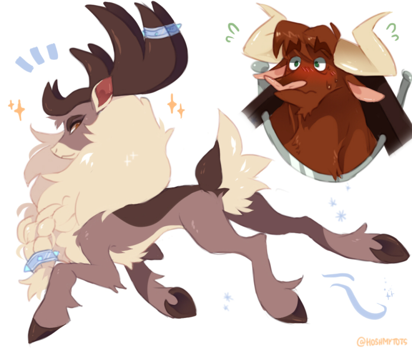 2boys, animal_ears, antlers, blush, braid, commentary, cow, cow_boy, cow_ears, cow_horns, deer, deer_antlers, deer_boy, deer_tail, english_commentary, flying_sweatdrops, furry, furry_male, hooves, horns, hoshposh, male_focus, multiple_boys, notice_lines, smile, snowflakes, sparkle, stronghoof_(them's_fightin'_herds), sweat, tail, texas_(them's_fightin'_herds), them's_fightin'_herds, twitter_username, wavy_mouth, white_background