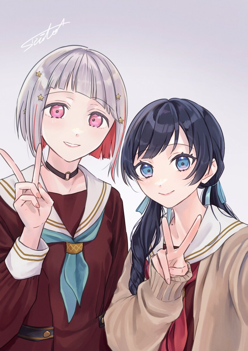 2girls, aqua_neckerchief, artist_name, black_choker, blue_eyes, blue_hair, blue_ribbon, bob_cut