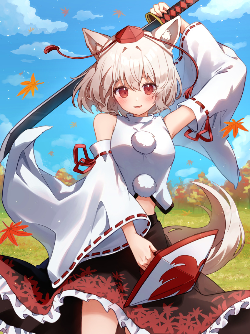 1girl, animal_ear_fluff, animal_ears, autumn_leaves, black_skirt, blue_sky, blush, cloud