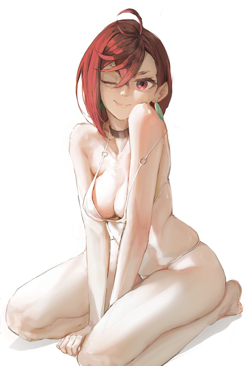 1girl, absurdres, antenna_hair, arm_support, ayase_momo, barefoot, between_legs, bikini, bob_cut, brown_choker, choker, closed_mouth, collarbone, commentary, dandadan, earrings, eyelashes, from_side, full_body, hair_between_eyes, hand_between_legs, hands_on_ground, highres, jewelry, kneeling, looking_at_viewer, looking_to_the_side, making-of_available, medium_hair, nose, red_eyes, red_hair, romaji_commentary, sketch, skindentation, smile, solo, spicyyrum, strap_slip, swimsuit, thick_eyebrows, v-shaped_eyebrows, v_arms, white_bikini