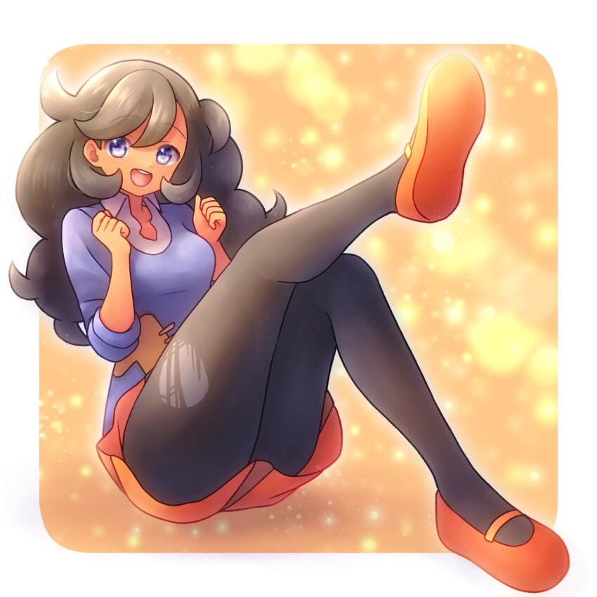 1girl, black_hair, black_pantyhose, blue_sweater, breasts, dark-skinned_female, dark_skin, dress_shoes, emma_(pokemon), flats, highres, katsuonoeboebo, medium_breasts, nintendo, open_mouth, orange_background, orange_shoes, orange_skirt, pantyhose, pokemon, pokemon_x_and_y, purple_eyes, shoes, skirt, solo, solo_focus, sweater, teeth, tongue, torn_clothes, torn_pantyhose