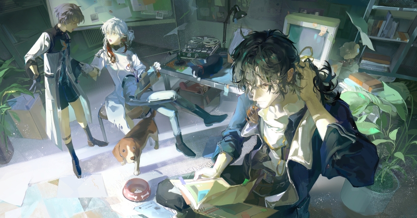 1other, 2boys, :o, absurdres, ankle_boots, black_cat, black_coat, black_footwear