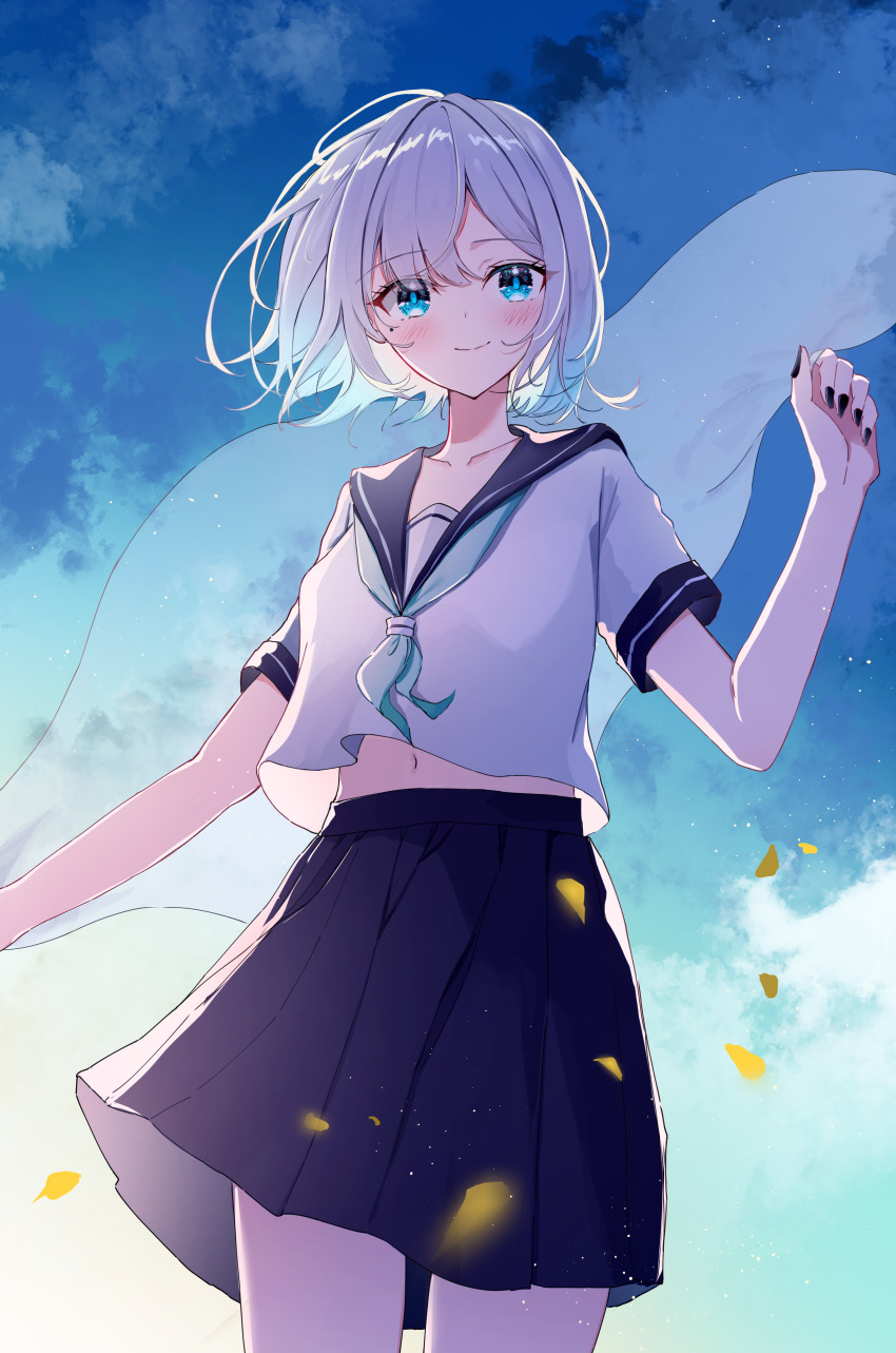 1girl, absurdres, black_nails, black_skirt, blue_bow, blue_bowtie, blue_eyes, blue_sky