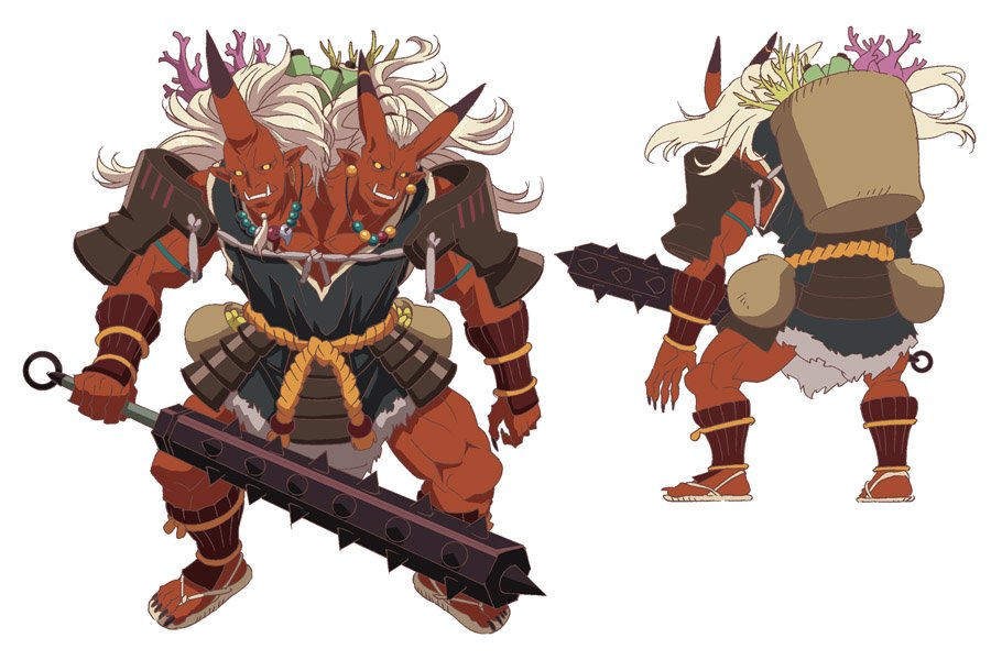 1boy, 1girl, armor, bag, black_claws, reference_sheet, club, club_(weapon), colored_skin, demon_horns, grimms_notes, grimms_notes_the_animation, holding, holding_club, holding_weapon, horns, japanese_armor, kawashima_hisashi, long_hair, money_bag, multiple_heads, multiple_views, no_humans, official_art, red_skin, rope_belt, sandals, simple_background, spiked_club, two-headed_giant_oni_(grimms_notes), weapon, white_background, white_hair