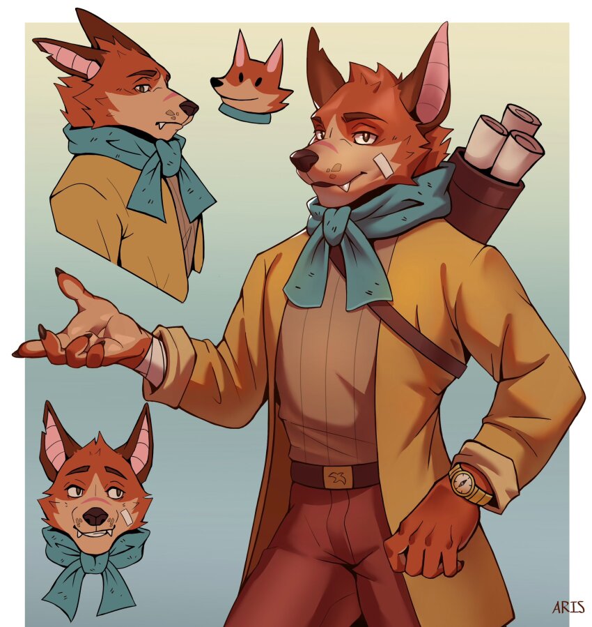 1boy, animal_ears, ariswuffo, bandaid, bandaid_on_cheek, bandaid_on_face, belt, blue_scarf, brown_belt, brown_pants, brown_shirt, claws, closed_mouth, coat, fangs, fangs_out, flitt_(rotwood), fox_boy, fox_ears, furry, furry_male, highres, looking_at_viewer, male_focus, multiple_views, pants, rotwood, scar, scar_on_face, scar_on_nose, scarf, shirt, smile, watch, wristwatch, yellow_coat