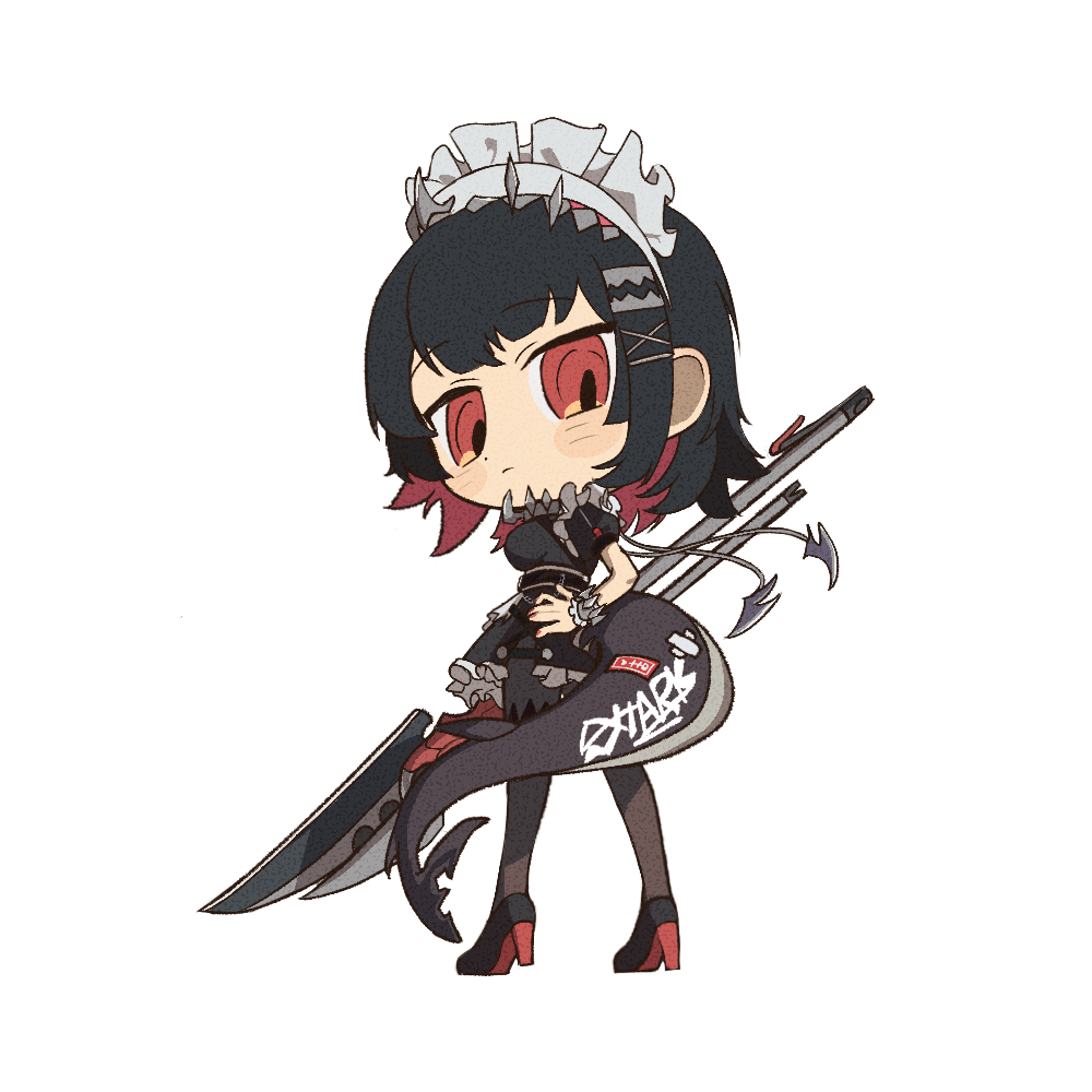 1girl, black_dress, black_footwear, black_hair, black_pantyhose, chibi, colored_inner_hair, dress