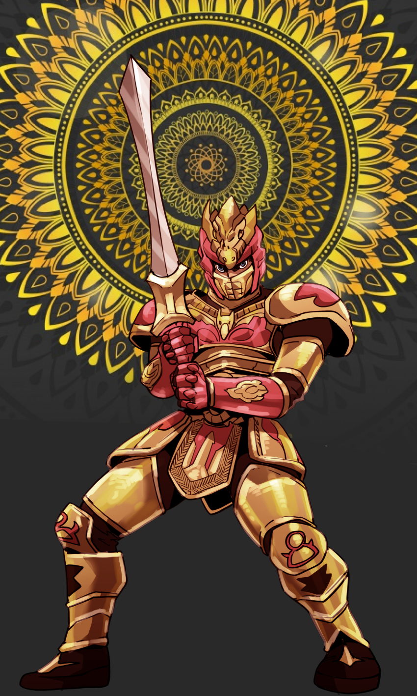 1boy, absurdres, armor, blue_eyes, boots, cheunchin, commentary, commission