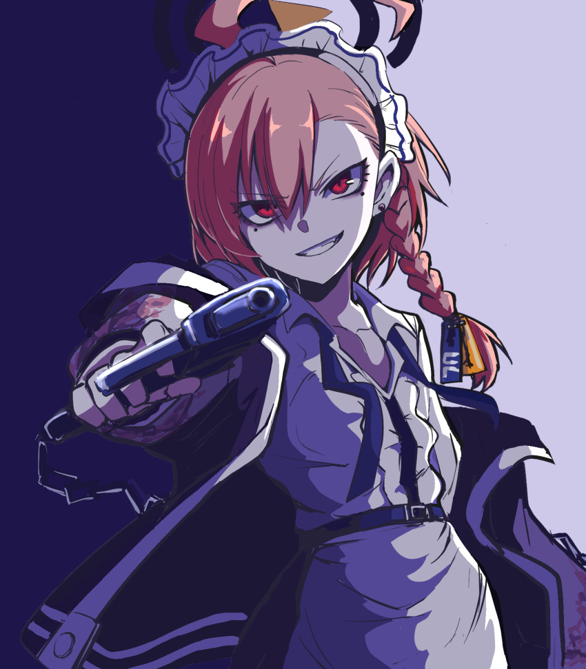 1girl, ahoge, aiming, aiming_at_viewer, apron, asymmetrical_bangs, belt, blue_archive