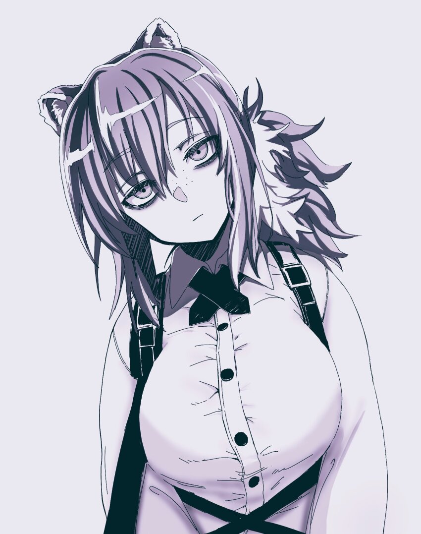 1girl, animal_ear_fluff, animal_ears, arknights, bags_under_eyes, breasts, chest_harness, closed_mouth