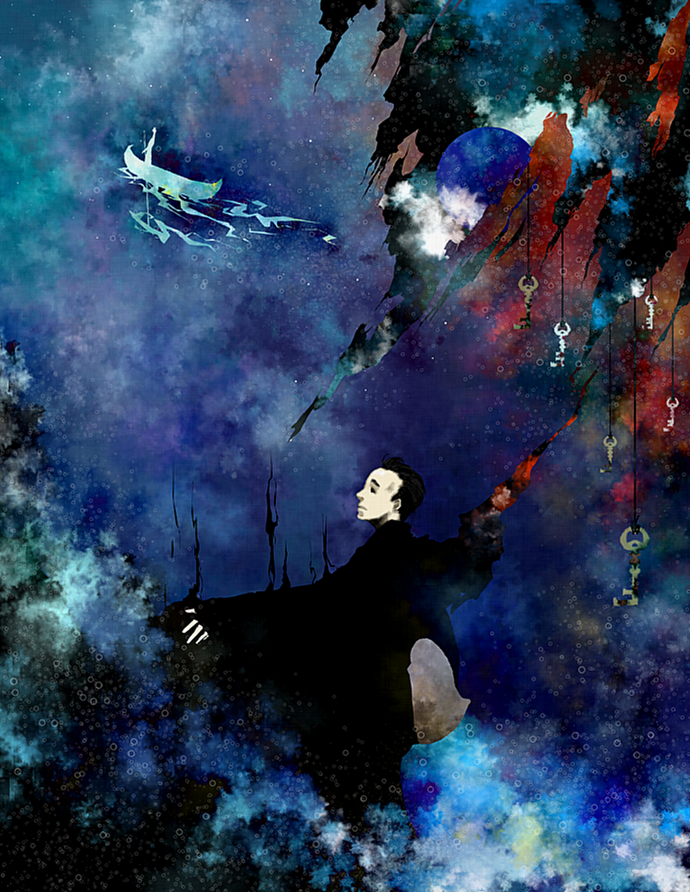 1boy, 385_(miyako), bad_id, bad_pixiv_id, blue_theme, cloud, highres, hirasawa_susumu, key, male_focus, original, planet, real_life, sky, solo