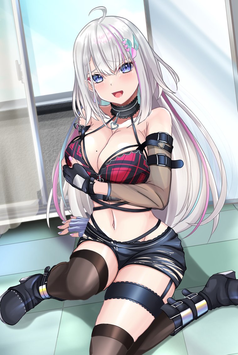 1girl, ahoge, asymmetrical_gloves, black_boots, black_collar, black_gloves, black_shorts, blue_eyes