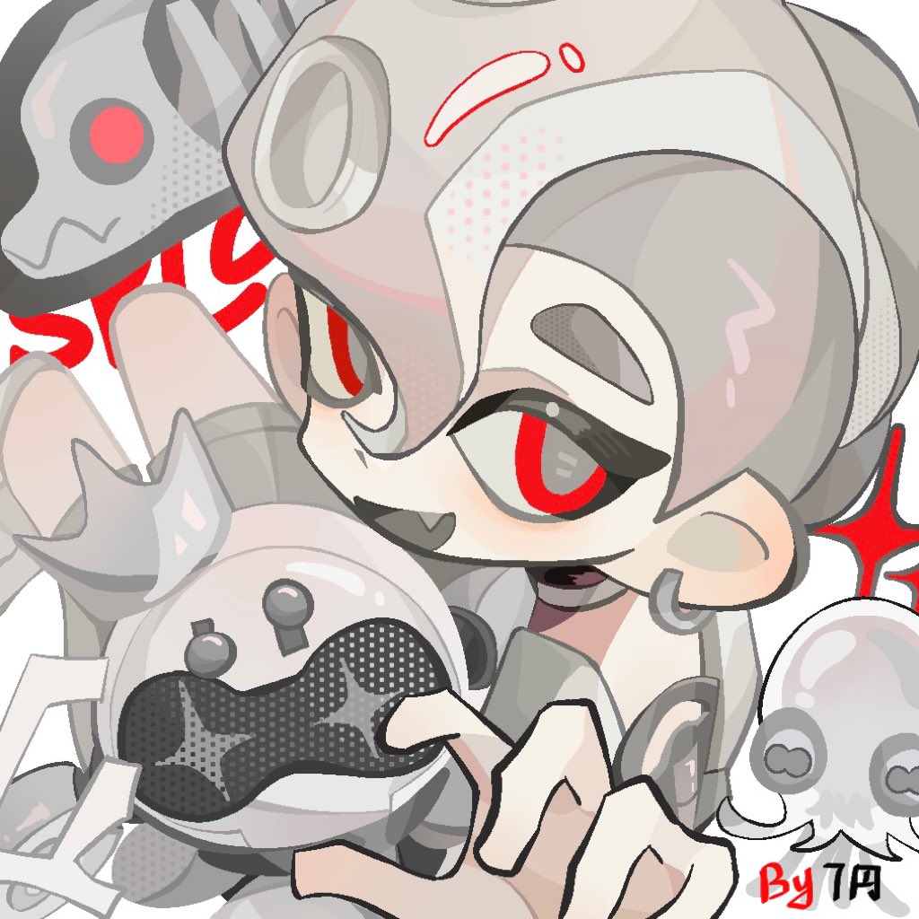 1boy, :d, agent_8_(splatoon), bodysuit, drone, earrings, fang, grey_hair