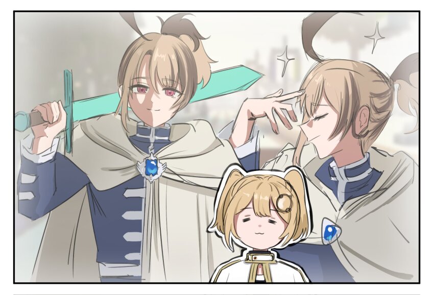 1boy, 1girl, ahoge, anrepoi, blonde_hair, cape, closed_eyes, crossover, enigmatic_recollection, frieren, genderswap, genderswap_(ftm), gigi_murin, highres, himmel_(sousou_no_frieren), hololive, hololive_english, red_eyes, smile, sousou_no_frieren, sword, virtual_youtuber, watson_amelia, weapon