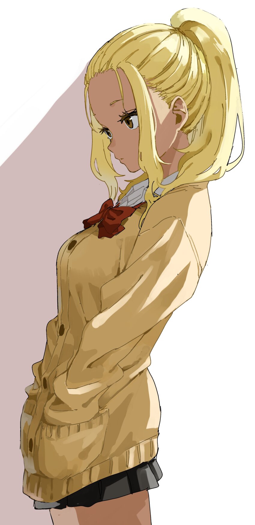 1girl, absurdres, black_skirt, blonde_hair, bow, bowtie, brown_eyes, cardigan