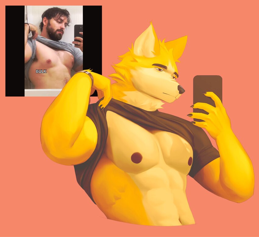 1boy, abs, animal_ears, bara, black_shirt, claws, clothes_lift, commentary