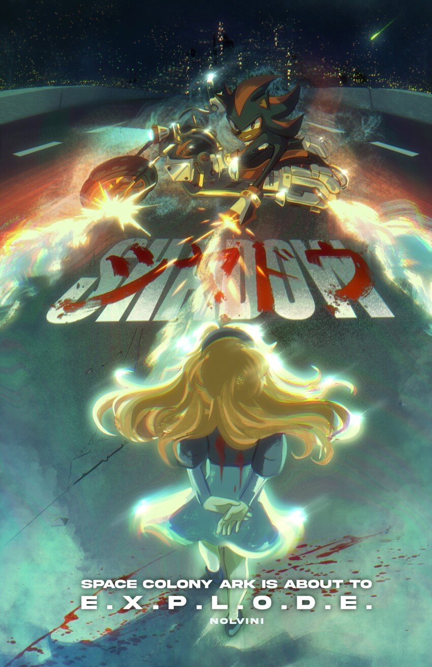 1boy, 1girl, absurdres, akira_(manga), akira_slide, animal_ears, animal_nose, bicycle, black_fur, blonde_hair, blue_dress, blue_fur, blue_hairband, body_fur, bracelet, closed_mouth, dress, drifting, dust_cloud, full_body, furry, furry_male, gloves, gold_bracelet, hairband, hedgehog_boy, highres, highway, jewelry, long_hair, long_sleeves, maria_robotnik, motor_vehicle, motorcycle, multicolored_footwear, multicolored_fur, nolvini, on_motorcycle, parody, red_eyes, red_fur, riding, riding_bicycle, road, scene_reference, shadow_the_hedgehog, shoes, short_tail, sliding, sonic_(live_action), sonic_(series), sonic_generations, sonic_the_hedgehog_3_(movie), sonic_x_shadow_generations, sparks, standing, tail, two-tone_fur, white_gloves