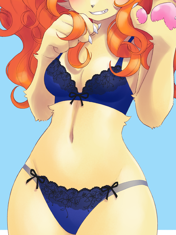 1girl, blue_bra, blue_panties, bow, bow_bra, bra, breasts, claws