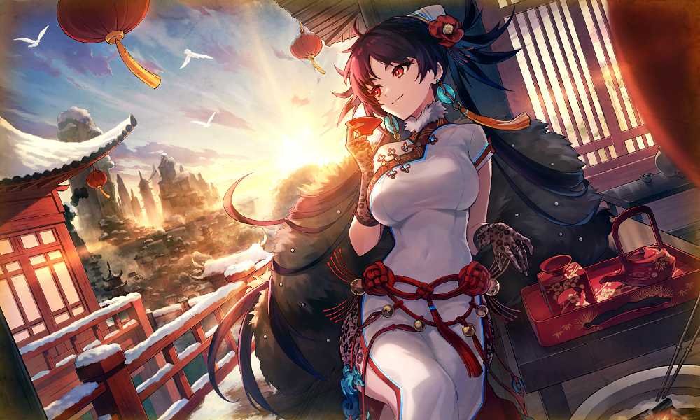 1girl, bird, china_dress, chinese_clothes, closed_mouth, cloud, commentary_request, covered_navel